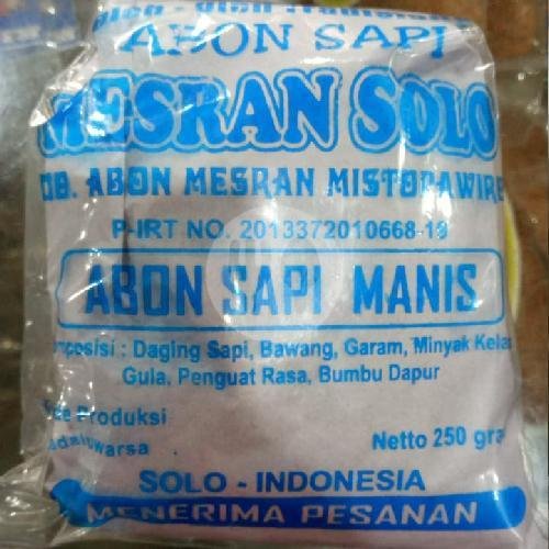 Abon Mesran Pedas 250 Gram menu Toko oleh- oleh Abon Mesran Solo, jl kalilarangan no 71