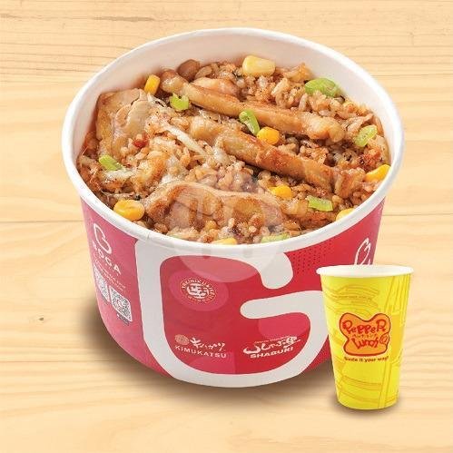 Salmon & Cheese Pepper Rice + ice greentea menu Pepper Lunch Express, Senayan City
