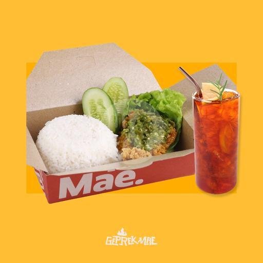 nasi ayam geprek sambel korek gratis minum menu Geprek Mae, Cimahi