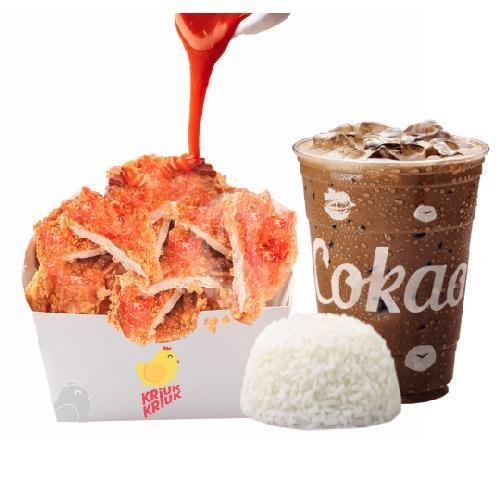 Nasi Ayam Pahala Saus Madu + Es Cokelat menu Ayam Kriuk Kriuk, Tenggilis Mejoyo