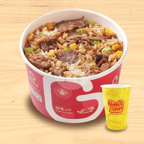 Chicken & Cheese Pepper Rice + ice greentea menu Pepper Lunch Express, Senayan City