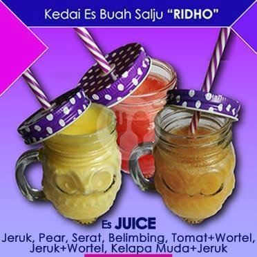 Jeruk/ Pear/ Sirsat/ Belimbing/ Tomat + Wortel/ Jeruk + Wortel/ Kelapa Muda + Jeruk menu Kedai Es Buah Salju RIDHO, Lamper