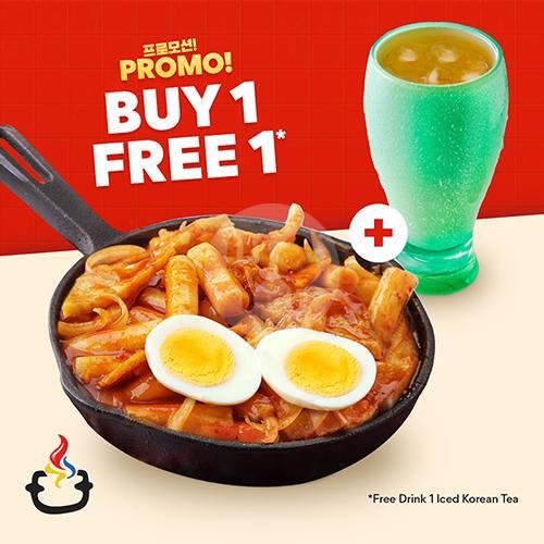 Topokki with Egg + FREE Iced Korean Tea menu Mujigae, Cinere