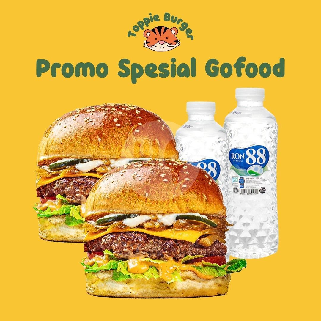 2 Cheese Burger, 2 Air Mineral X Maliq & D'essentials menu Toppie Burger, Sukajadi