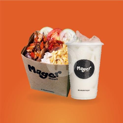 Tongkol Suwir Pedas + Fresh Milk Coklat menu Mager Bowl, Hayam Wuruk