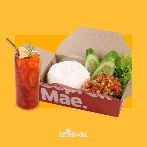 nasi ayam geprek sambel tomat gratis minum menu Geprek Mae, Cimahi