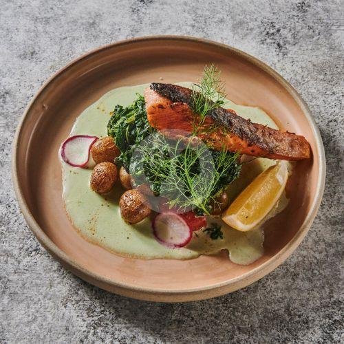 Pan Seared Salmon menu Lucky Cat Coffee & Kitchen, Plaza Festival