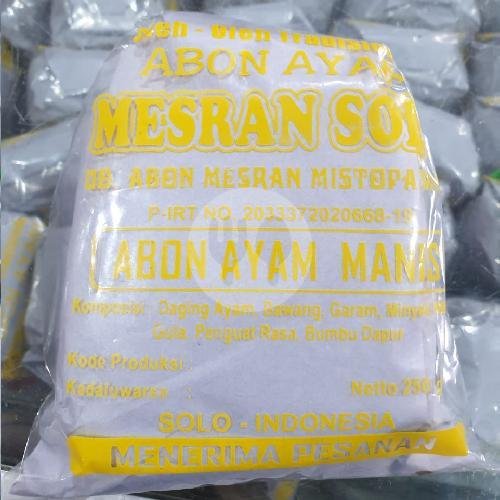 Abon Ayam Mesran Pedas 250gram menu Toko oleh- oleh Abon Mesran Solo, jl kalilarangan no 71