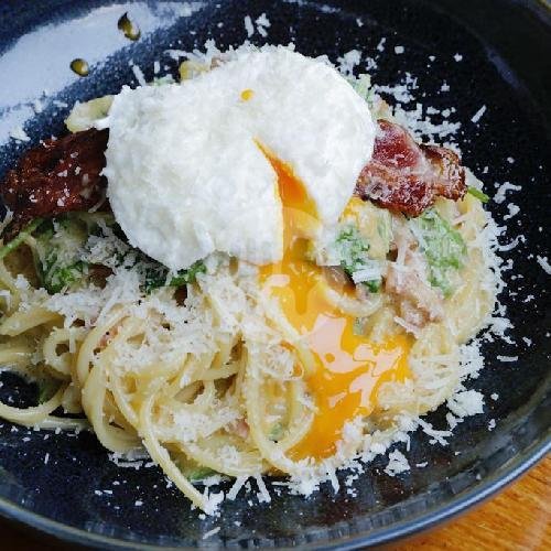 Carbonara Spaghetti with Bacon and Poached Egg (Beef/Pork) menu Mister Sunday