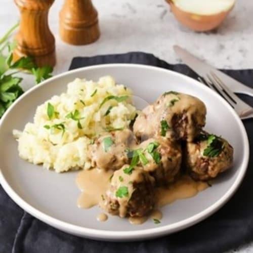 Swedish meatballs 8 Pcs + Mashed Potato menu Oishii Mentai Dimsum Steak, Rahayu Kuliner