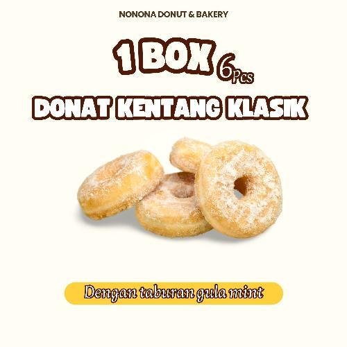 Donat Kentang Reguler Topping Gula Salju 1 Box Isi 6 Pcs menu NONONA Donut & Bakery, Pasa Gadang