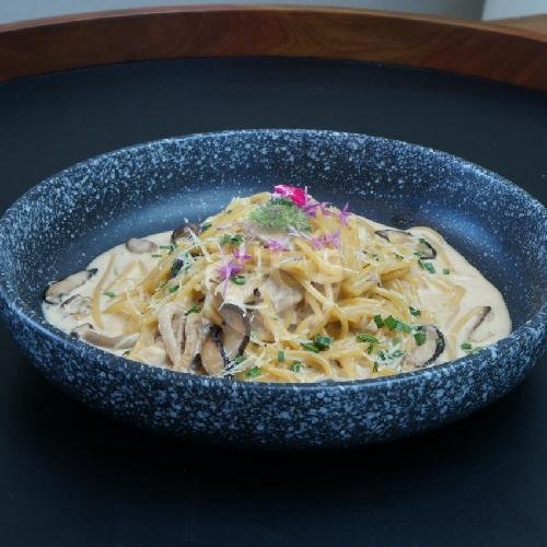 Miso Garlic Mushroom Pasta menu Hummingbird Eatery And Space, Progo